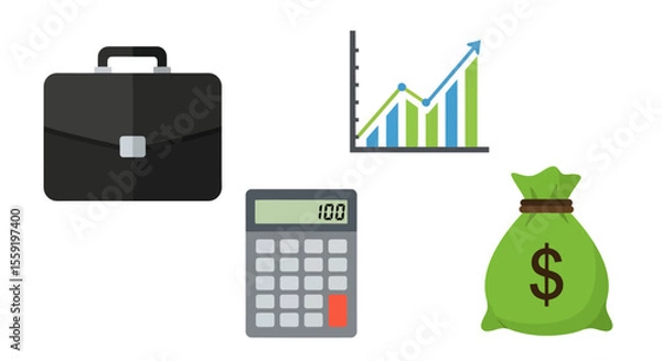 Obraz Business icons Black briefcase financial chart calculator and money bag.