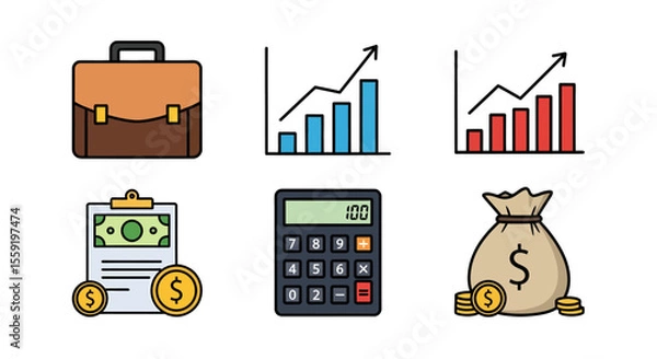 Obraz Business icons briefcase charts money on clipboard calculator and money bag.