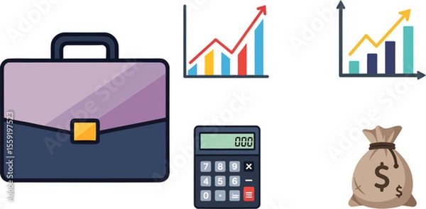 Obraz Business themed icons briefcase charts calculator and money bag illustration.
