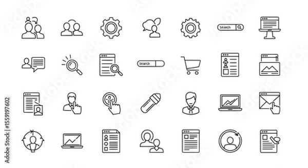 Obraz Collection of Black and White Line Art Icons Representing Business and Technology.