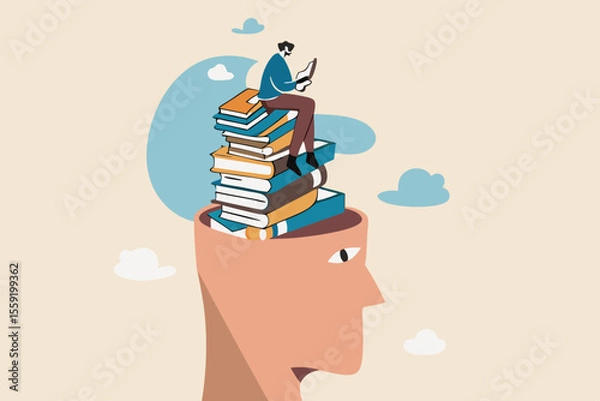 Fototapeta Reading books to gain knowledge, intelligence and thinking skill, lifelong learning, research and study for personal growth concept, calm learner man reading book on books stack growth from his head.