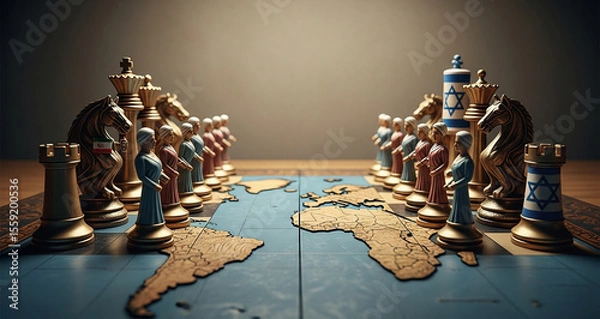 Fototapeta Chess pieces placed on a world map game board, symbolizing global power struggles, strategic alliances, and political influence across international territories.