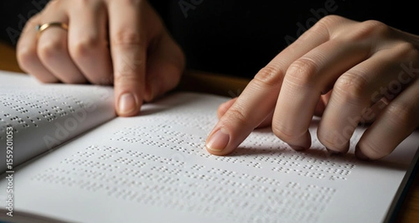 Fototapeta Fingers tracing raised Braille dots on a page, illustrating tactile reading as a vital tool for education and independence among the blind community.