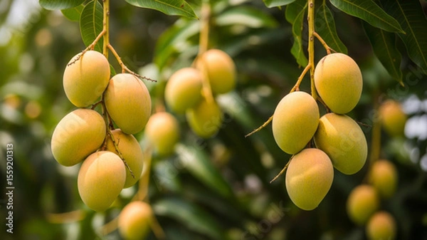 Fototapeta Golden ripe mangoes dangle from sturdy branches, creating a vivid contrast against the green foliage, capturing the essence of a tropical harvest season.