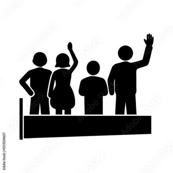 Obraz Silhouettes of neighbors waving to each other from behind a fence  