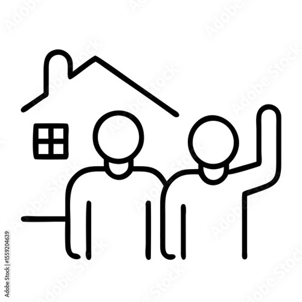 Obraz Two people waving in front of a house icon, vector, housewarming  