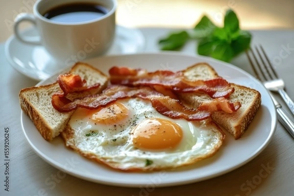 Fototapeta Homemade American breakfast. Fried eggs with bacon and toast, a cup of coffee, a knife and fork on a wooden table. Healthy breakfast. The concept of healthy eating. Morning Sunlight