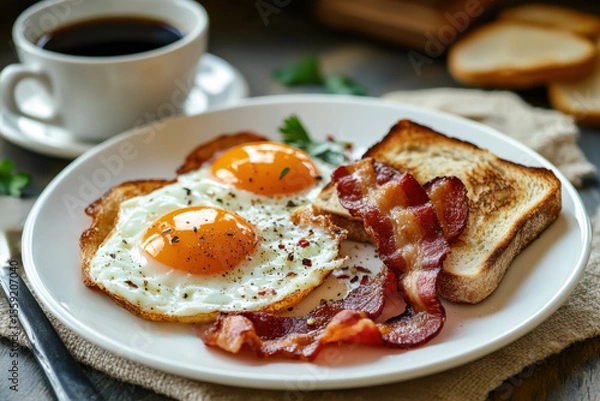 Fototapeta Homemade American breakfast. Fried eggs with bacon and toast, a cup of coffee and a knife on a wooden table. Healthy breakfast. The concept of healthy eating