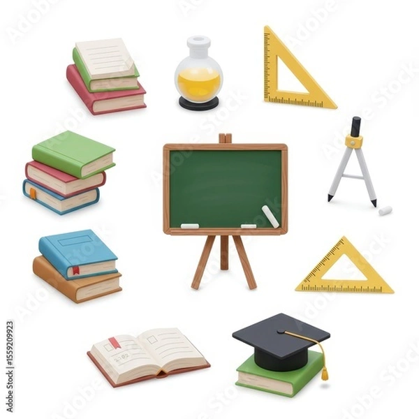 Fototapeta 3D education icons with chalkboard, books, graduation cap, rulers and lab flask, back to school concept, academic learning tools, classroom elements, knowledge illustration