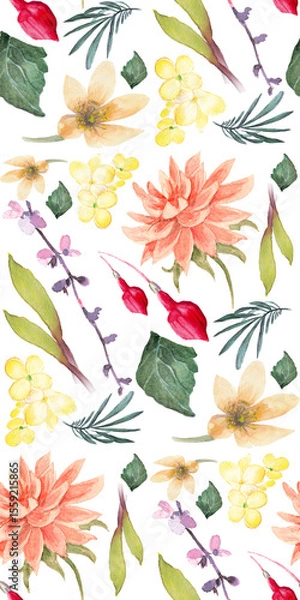 Obraz Watercolor Floral Pattern with Delicate Flowers and Botanical Elements on White