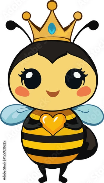 Obraz Cute Queen Bee Character Holding a Yellow Heart – Adorable Vector Illustration with Crown and Wings