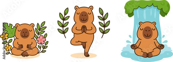 Fototapeta Vector illustration of adorable capybaras practicing yoga and meditation surrounded by plants and nature elements. Perfect for wellness and relaxation designs.

