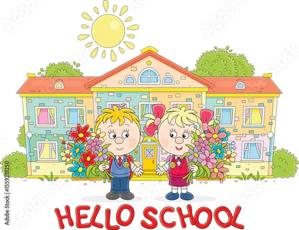 Obraz Greeting card with happy little schoolboy and schoolgirl with schoolbags and flowers going to their pretty school on the first of September, vector cartoon illustration on a white background