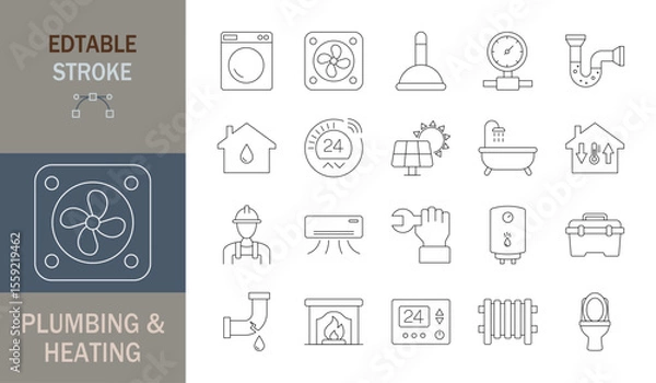 Fototapeta Plumbing and Heating icon set. Editable line icons. Vector illustration.