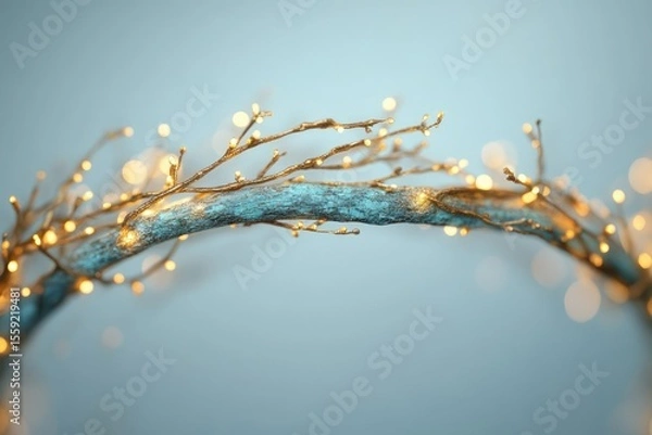 Fototapeta A light blue branch is decorated with soft glowing fairy lights in an arch shape.