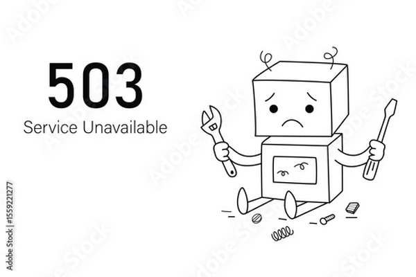 Fototapeta 503 Service Unavailable error page, broken robot isolated in white background