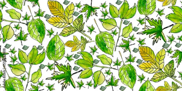 Obraz Watercolor Green Leaves Pattern with Geometric Background Abstract Design