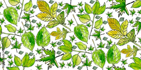 Obraz Abstract illustration featuring lush green leaves and botanical elements on patterned background