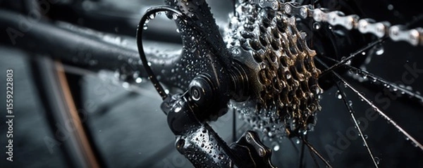 Fototapeta Detailed view of a bicycle drivetrain, glistening with water droplets, in a moody black and white image.