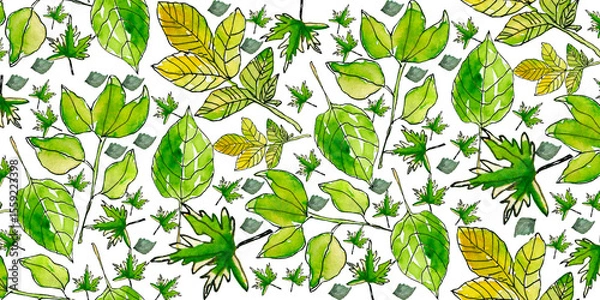 Obraz Vibrant green foliage watercolor art with abstract geometric background blend