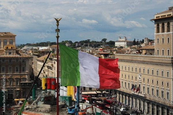 Obraz Italian flag waving in wind with Rome in Background 