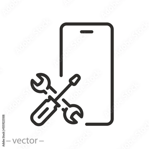 Obraz phone repair, mobile phone service, smartphone maintenance, software update or app installation, thin line symbol on white background - editable stroke vector illustration eps10