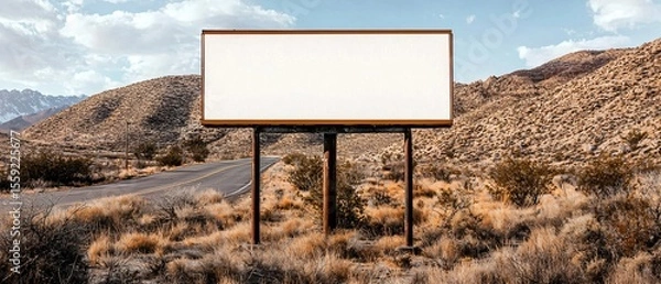 Obraz simple blank billboard on a metal frame above a rural gas station, overcast skies, moody tone, deserted surroundings, cinematic roadside atmosphere