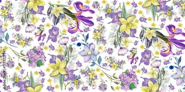 Obraz Delicate floral patchwork pattern featuring daffodils, irises and hydrangeas