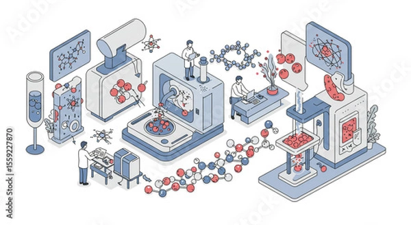 Fototapeta Isometric illustration of scientific research with scientists and laboratory equipment and molecules