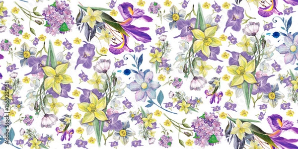 Obraz Floral watercolor pattern with daffodils irises and hydrangeas in a mosaic style
