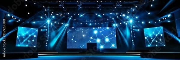 Obraz Dynamic illuminated event stage prepared for a performance. Bright blue lights radiate, creating an exciting atmosphere.