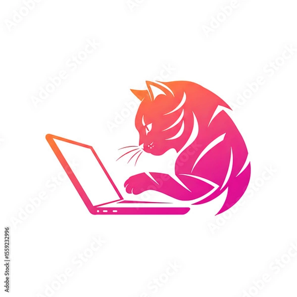 Obraz Cat using laptop in pink gradient style illustration  