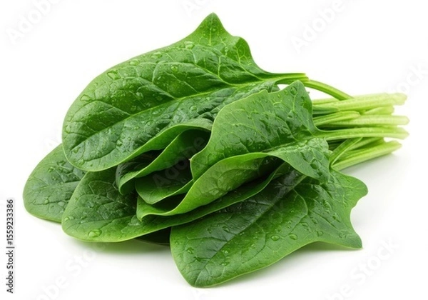 Obraz Fresh spinach leaves with water droplets stacked together on a plain surface in close up view
