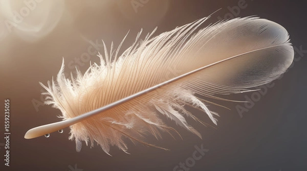 Obraz A soft white feather, gracefully resting on a light background, symbolizing lightness, purity, and tranquility.