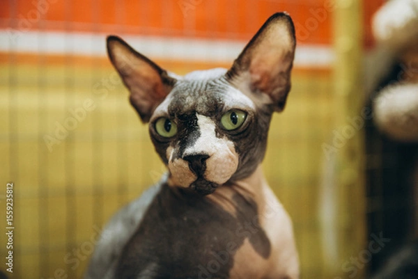 Obraz Sphynx cat looking at the camera. Hairless, two-tone, white and gray, Selective focus on the face.