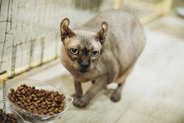 Obraz Portrait of a Don Sphynx cat with big green eyes and elf ears next to a bowl of food