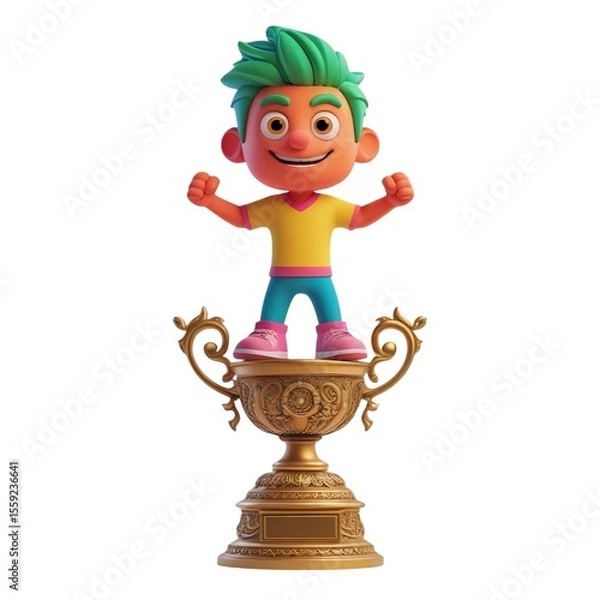 Fototapeta animated character standing on a gold trophy