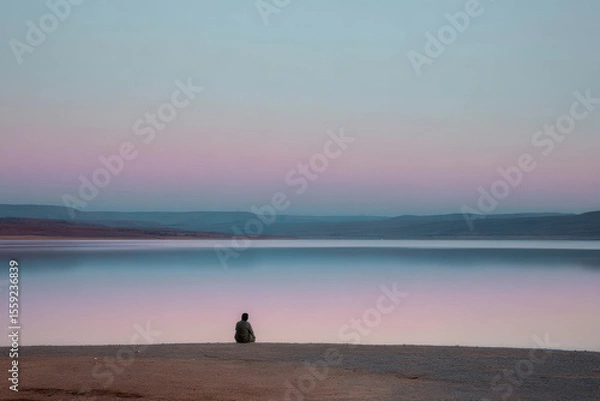 Fototapeta serene scene of solitary person sitting at edge of reservoir in morocco during sunset