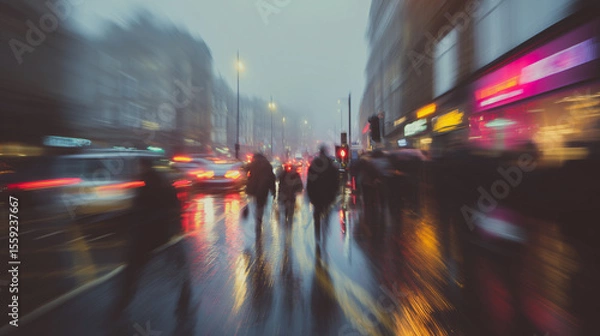 Fototapeta Blurred pedestrians and traffic on rainy urban street | City lights reflecting on wet pavement | Motion blur effect | Atmospheric scene ideal for urban lifestyle, commuting, background