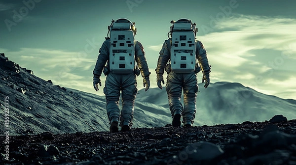 Obraz Two astronauts exploring a barren alien world under a cloudy sky space exploration adventure