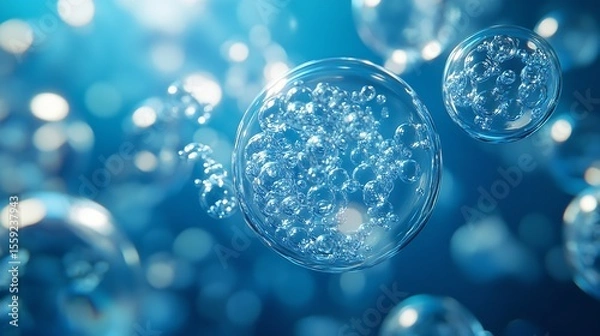 Fototapeta Close-up of an artificial cell or futuristic human cell, viewed from above, with a blue color background
