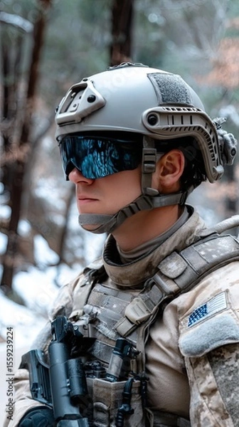 Fototapeta Explorer in tactical gear gazes towards the camera amidst snow-laden pines, creating a serene atmosphere in the winter wilderness