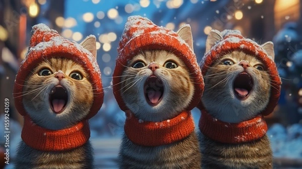 Fototapeta Playful cats in holiday hats gathered together, creating a cheerful scene.