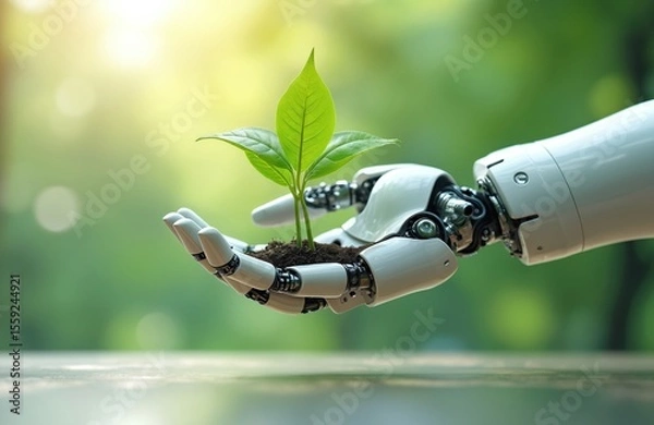 Obraz Robot hand holds green plant sprout, environmental protection, eco-friendly innovation. Artificial intelligence, future tech merges with ecology, sustainability concepts. AI helps eco-friendly world