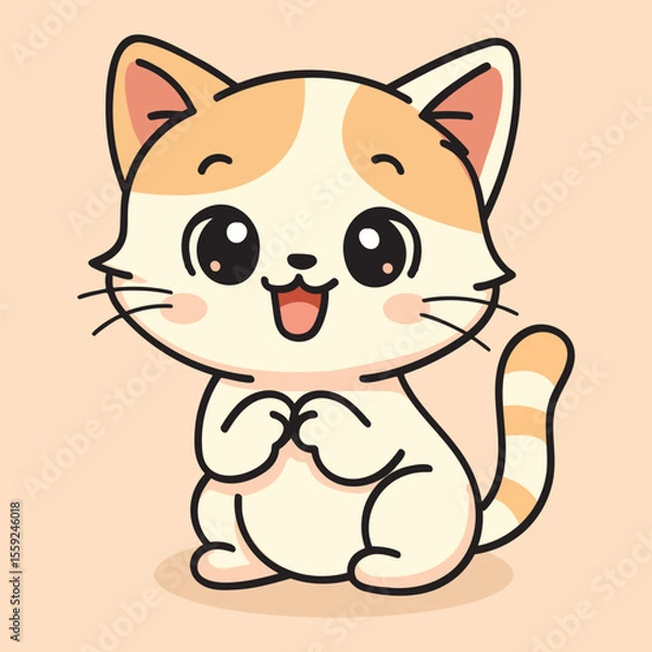 Fototapeta Kawaii cartoon cat vector in a hand-drawn style with a joyful expression.