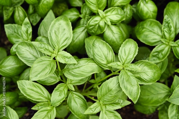 Obraz Close-up of young fresh basil in the ground. Ocimum basilicum in the garden.