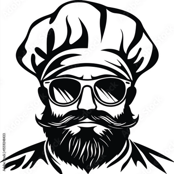 Obraz Bearded chef with sunglasses and a tall hat shows culinary coolness in black and white