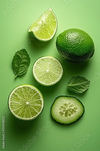 Obraz Fresh Green Limes and Mint Leaves on Verdant Background