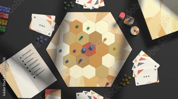 Fototapeta Colored board game field with chips, dice and cards mockup