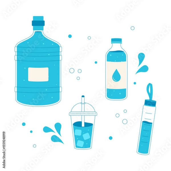 Fototapeta Collection of water bottles and cups in flat style. Set includes plastic and reusable containers, perfect for hydration, fitness, and healthy lifestyle designs.